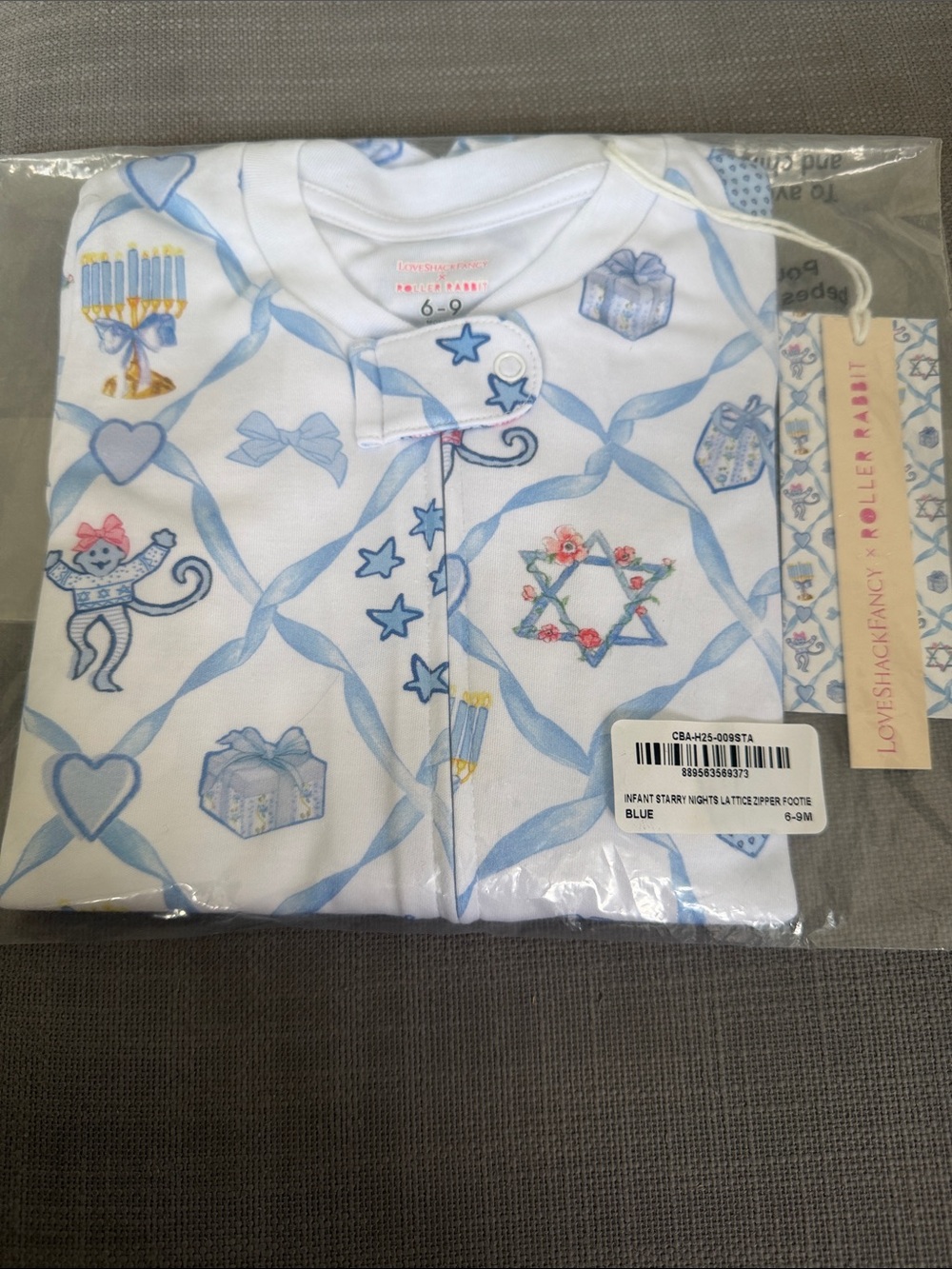 Roller Rabbit White and Light Blue Holiday Lattice Zip Footie